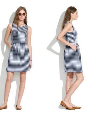 MADEWELL Afternoon Sleeveless Navy Striped Fit and Flare Viscose Dress Sz XS